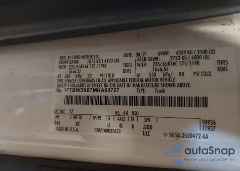 2021 Ford Transit T-350 from USA, damaged, VIN 1FTBW3X87MKA60727